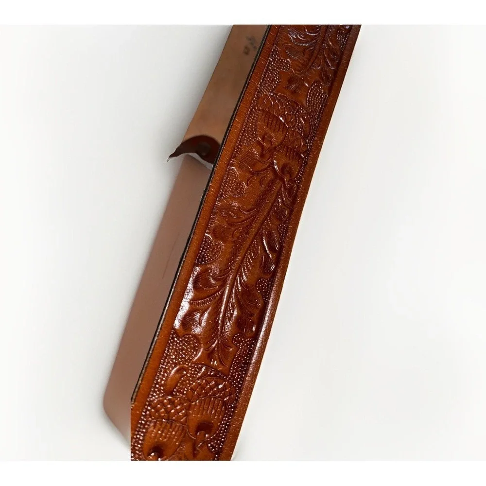 Tony Lama Brown Tooled Leather Western Belt Silver Ornate Buckle 11554‎ Mens 42